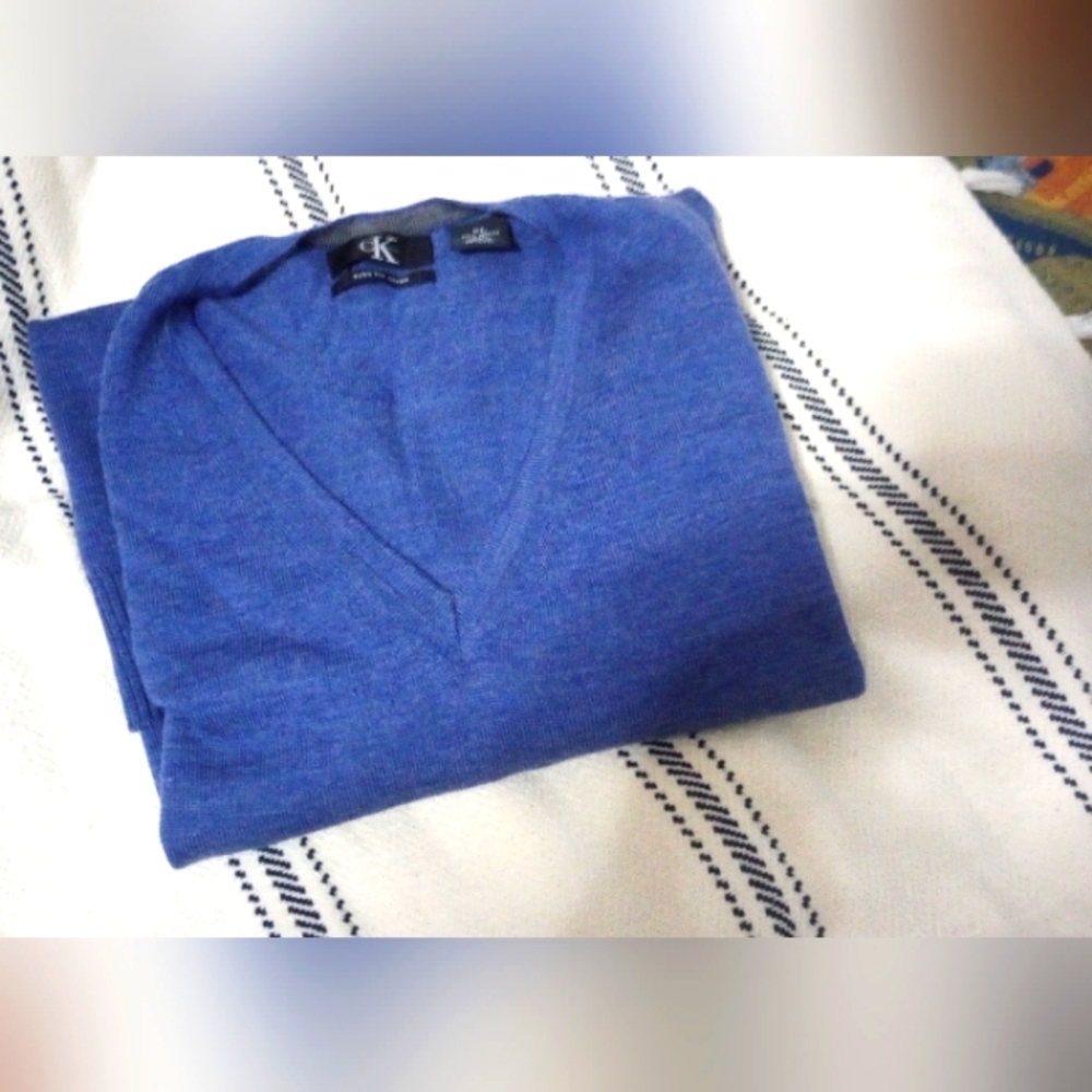 Calvin Klein Blue V-Neck Sweater Classic Knit- 100% Merino Wool